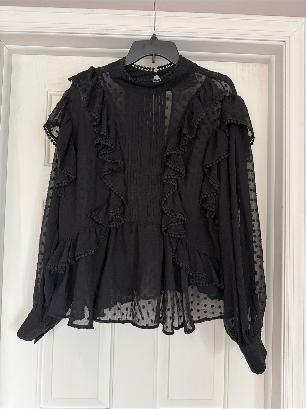 ASOS Black Ruffle Swiss Dot Long-Sleeve Blouse